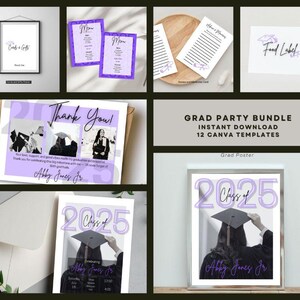 Pode incluir: Um pacote de festa de formatura com 12 modelos Canva. Inclui um letreiro emoldurado "Cart&otilde;es e Presentes", cart&otilde;es de menu, cart&otilde;es de conselhos, etiquetas de comida, cart&otilde;es de agradecimento e um p&ocirc;ster "Classe de 2025". Todos os itens apresentam um esquema de cores roxo e branco.