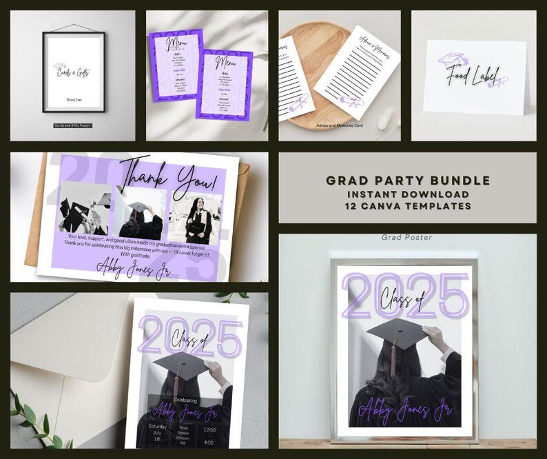 Pode incluir: Um pacote de festa de formatura com 12 modelos Canva. Inclui um letreiro emoldurado "Cart&otilde;es e Presentes", cart&otilde;es de menu, cart&otilde;es de conselhos, etiquetas de comida, cart&otilde;es de agradecimento e um p&ocirc;ster "Classe de 2025". Todos os itens apresentam um esquema de cores roxo e branco.