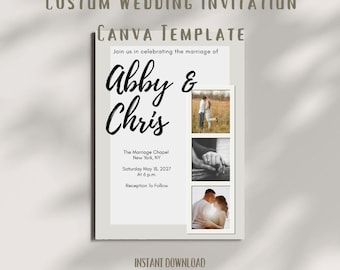 Modelo de convite de casamento com cabine de fotos editável – Convite de casamento Canva, download instantâneo, impressão divertida e moderna, cartão de casamento faça você mesmo
