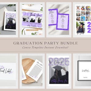 Pode incluir: Um pacote para festa de formatura com v&aacute;rios modelos, incluindo convites, menus e cart&otilde;es de agradecimento. Os designs apresentam um esquema de cores roxo e branco com ilustra&ccedil;&otilde;es de chap&eacute;us de formatura e o texto "Class of 2021" e "Class of 2025".