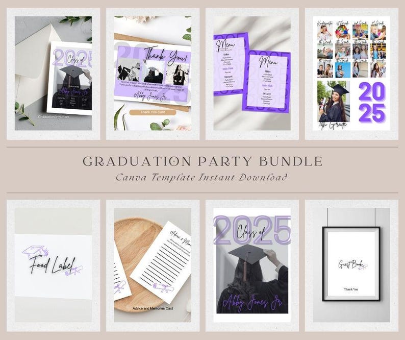 Pode incluir: Um pacote para festa de formatura com v&aacute;rios modelos, incluindo convites, menus e cart&otilde;es de agradecimento. Os designs apresentam um esquema de cores roxo e branco com ilustra&ccedil;&otilde;es de chap&eacute;us de formatura e o texto "Class of 2021" e "Class of 2025".