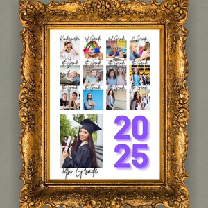 Pode incluir: Uma colagem emoldurada em ouro com fotos do jardim de inf&acirc;ncia &agrave; 12&ordf; s&eacute;rie, com o ano de 2025 em roxo. A moldura tem detalhes ornamentados. As fotos mostram alunos em diferentes n&iacute;veis escolares.