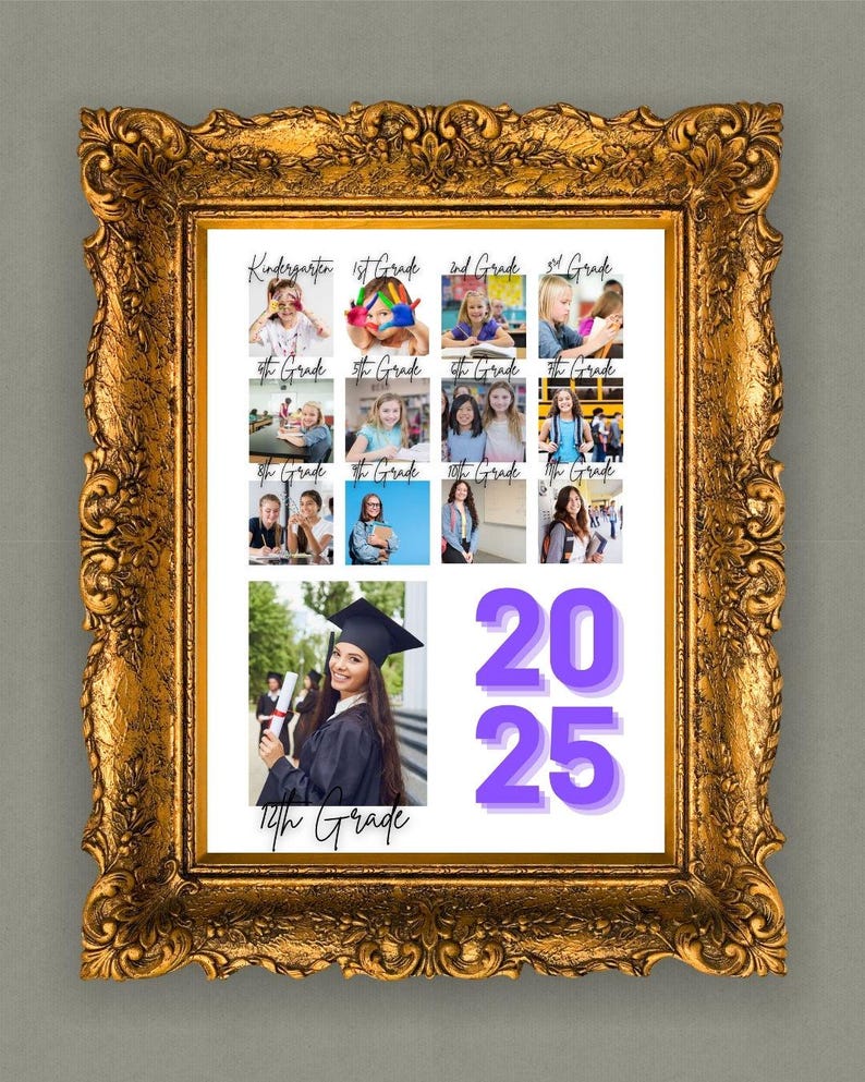 Pode incluir: Uma colagem emoldurada em ouro com fotos do jardim de inf&acirc;ncia &agrave; 12&ordf; s&eacute;rie, com o ano de 2025 em roxo. A moldura tem detalhes ornamentados. As fotos mostram alunos em diferentes n&iacute;veis escolares.