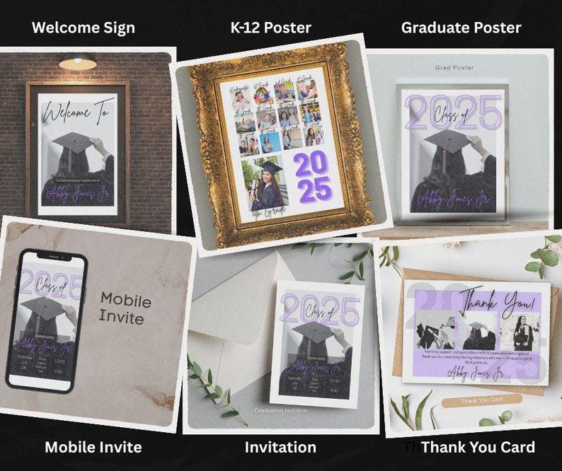 Pode incluir: Uma cole&ccedil;&atilde;o de produtos com tema de formatura, incluindo um letreiro de boas-vindas, um p&ocirc;ster K-12, um p&ocirc;ster de graduado, um convite m&oacute;vel, um convite e um cart&atilde;o de agradecimento. Os designs apresentam um graduado com toga e chap&eacute;u, o texto "Class of 2025".