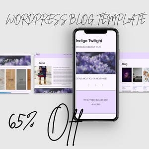 May include: A smartphone displays a WordPress blog template titled "Indigo Twilight." The screen shows blog pages with lavender accents and the text "Bringing Blogging Back to Life." The image also includes the text "65% Off."