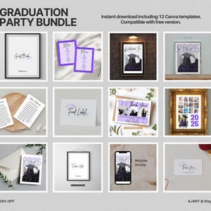 Pode incluir: Um pacote de festa de formatura com v&aacute;rios modelos, incluindo livro de visitas, menus e cart&otilde;es de agradecimento. Os modelos apresentam um design de chap&eacute;u de formatura e o ano de 2025. Inclui um convite m&oacute;vel e est&aacute; dispon&iacute;vel para download instant&acirc;neo.