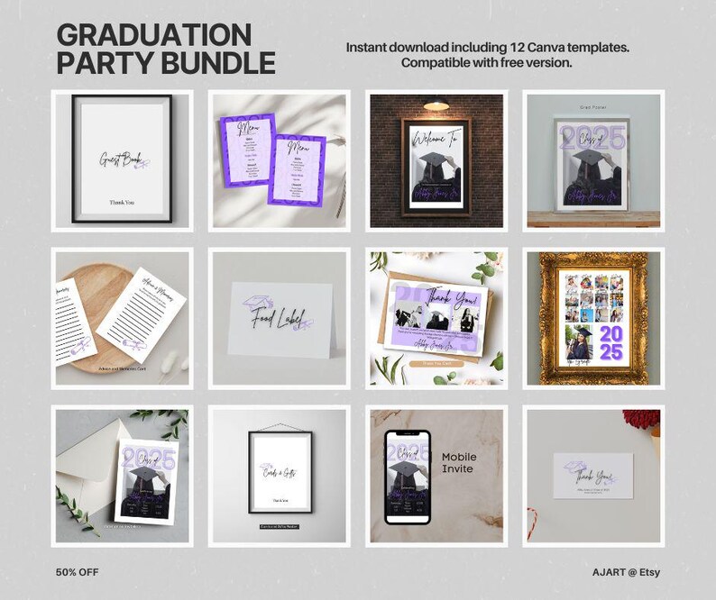 Pode incluir: Um pacote de festa de formatura com v&aacute;rios modelos, incluindo livro de visitas, menus e cart&otilde;es de agradecimento. Os modelos apresentam um design de chap&eacute;u de formatura e o ano de 2025. Inclui um convite m&oacute;vel e est&aacute; dispon&iacute;vel para download instant&acirc;neo.