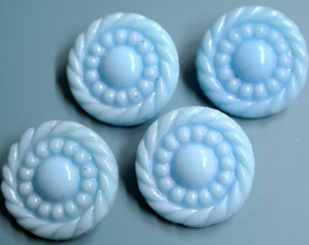 Lot of 4 vintage 1940s turqouise blue glass buttons with ornament decor and backside selfschranks for your sewing prodjects