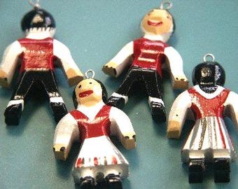 Vintage 1970s Hand-Painted Wood Couple Charms, Folk Art Jewelry - Lot of 10