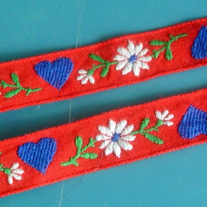 Vintage ongebruikt rood / groen / blauw / wit geweven katoen hart / bloemmotief decoratie band trim lint voor uw naai prodjects