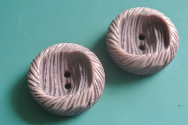 Lot of 3 rare gorgeous large vintage 1960s unused structured thick decorative purplepink ceramic-looking plastic buttons with 2 holes