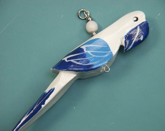 Large vintage 1970s unused handmade/handpainted white and blue carwed parrot wood pendant for your jewelry prodjects