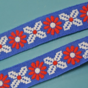 Vintage ongebruikt rood / blauw / wit geweven katoenen bloemmotief decoratie band trim lint voor uw naai prodjects