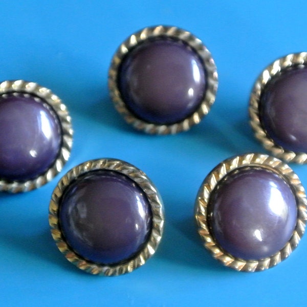 Lot of 5 small vintage 1970s unused round brassl/ dark purple plastic buttons with selfschranks for your sewing prodject