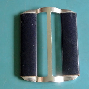 Large vintage 1960s unused lightweight rectangular silvercolor metal belt buckle with black leather decor for your sewing prodjects