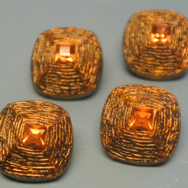 Lot of 6 vintage 1970s unused small almost square copper-color plastic buttons with orange rhinestone at top and selfschranks