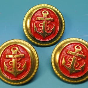 Lot of 8 vintage 1960s unused goldcolor/ red metal anchor motive buttons for your sewing/decoration prodjects