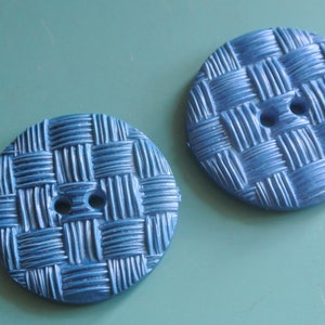 Lot of 4 larger vintage 1960s unused metallic dark petrol blue plastic buttons with check pattern and 2 holes for your sewing decor prodject