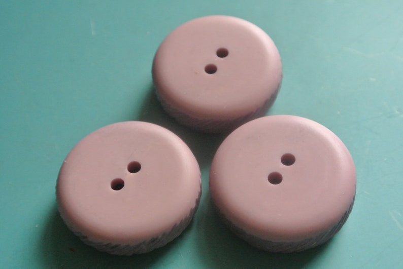 Lot of 3 rare gorgeous large vintage 1960s unused structured thick decorative purplepink ceramic-looking plastic buttons with 2 holes