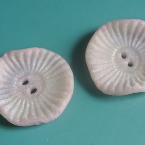 May include: Two white pearl-like buttons with a raised design and two holes each. The buttons have a slight purple hue.