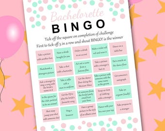 May include: A pink and green bachelorette bingo card with a pink background and white squares. The squares contain various challenges for the bachelorette party, such as "Take a picture with another hen", "Have a drink bought for you", "Order a drink in an accent", "Make a toilet roll veil and wear it", "Dance on a table/bar", "Photobomb a strangers picture", "Take a shot with a bartender", "Act out a scene from a famous film", "Take a picture with a stranger's hat on", "Get the dance floor doing the Mexican Wave", "Ask a stranger to sing a song with the bride's name in it", "Take a selfie with a man in uniform", "Take a picture with someone with the same name as the groom", "Eat a snack on the dance floor", "Get someone's autograph", "In the queue for the club, pretend to be an animal", "Get the DJ to play the bride's favourite song", "Let someone from the bridal party email/text your boss", "Swap an item of clothing with a stranger", "Fake an orgasm (loudly)", "Shot swap (swap your shot with someone else)", "Hug a bouncer", "Have a group picture in the style of an album cover", "Dance with your bra over your top", "Fake propose to a stranger".