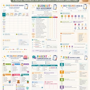 May include: A printable bundle for kids and parents, focused on wellbeing and communication. Includes nine templates such as a child behaviour tracker, burnout self-assessment, and daily feelings check-in. Features a calm, neutral design with A4 sizes.
