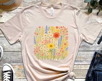 Wildflower Meadow T Shirt,  Botanical Watercolor Floral Tee for Women, Cottagecore Garden Shirt, Nature Lover, Boho Flower Tee, Gift For Her