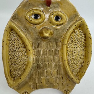 May include: A ceramic owl ornament with a brown glaze. The owl has large, round eyes, a small beak, and textured wings. A brown ribbon is attached for hanging. The ornament is approximately 5 inches tall.