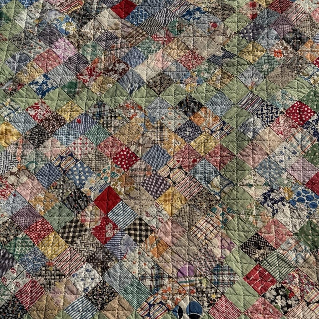 Handmade Vintage Scrappy Patchwork Quilt 85”x 87” Green & White Border ...