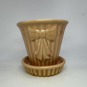 May include: A light peach-colored ceramic planter with a glossy finish, featuring a molded bow detail on the front and vertical ribbed textures along the sides. The planter includes a matching circular saucer base with a corresponding ribbed edge.
