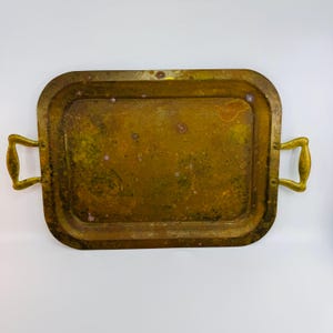 Vintage Solid Brass Serving Tray 15.5" Heavy Rectangular Butler Bar Cart Platter