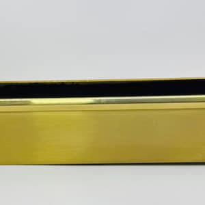 May include: A long, rectangular planter with a polished gold-tone metal exterior and a dark, recessed interior. The vessel features clean, straight lines and a smooth, reflective surface finish, presenting a simple, elongated form for holding items.