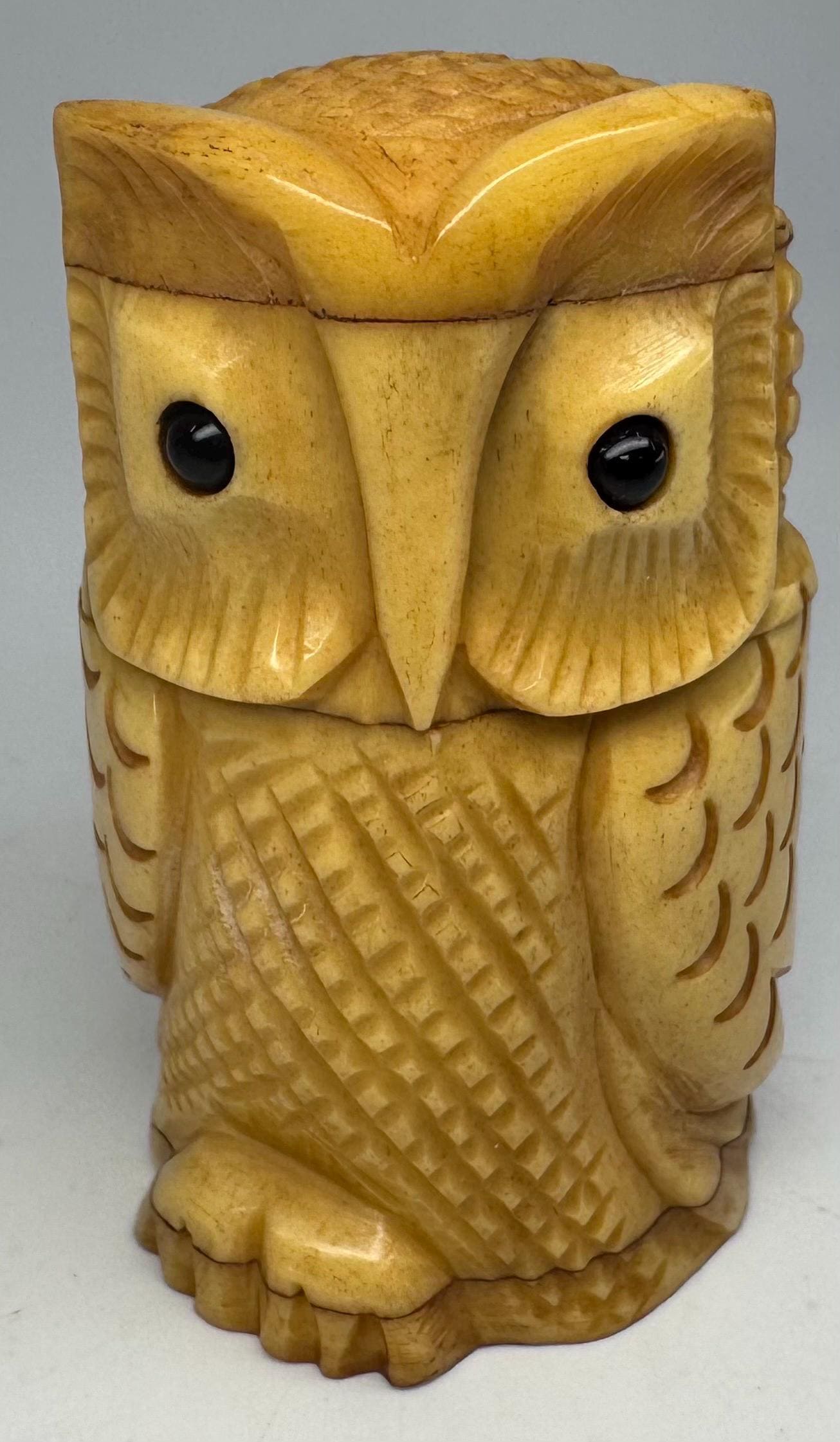 Vintage Carved Owl Trinket Box Japanese Resin Kitsch Container 2&rdquo;x1.25&rdquo;x1&rdquo;