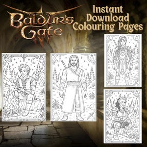 Baldur&#39;s Gate 3 Colouring Pages | Set of 4 BG3 Inspired Printable Sheets | Inspired by Astarion Gale Shadowheart | Digital Download Art