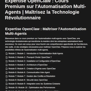 May include: A webpage with the title "Expertise OpenClaw: Premium Course on Multi-Agent Automation." The page lists course modules, including "Introduction to Multi-Agent Automation" and "Why Choose OpenClaw?" The text is in white on a dark background.