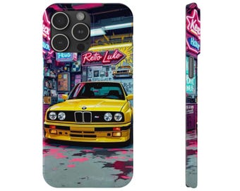 Funda BMW M E30 Neon Garage para iPhone 17, 16, 15, 14, 13, 12 y 11 Pro Max Plus Mini, protección de aire, tuning, coche, regalo para papá, coches, carreras, pasión, drifting, turbo