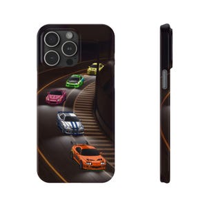 May include: A black phone case featuring a vibrant illustration of several colorful sports cars racing on a winding track. The cars include shades of pink, green, yellow, blue, and orange. The case has a glossy finish and a sleek design.
