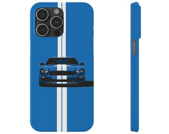 Funda Ford Mustang azul para iPhone 17, 16, 15, 14, 13, 12 y 11 Pro Max Plus Mini Air, protección de silicona, regalo para papá, carreras vintage, carreras deportivas, rayas