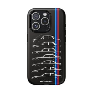 May include: Black phone case featuring a white line drawing of several classic cars. The case has a vertical stripe in red, blue, and red. The text "BMW Evolution //" is at the bottom.