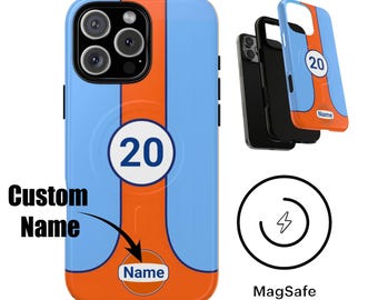 Funda MagSafe de Le Mans de carreras vintage para iPhone 17, 16, 15 y 14 Pro Max Plus Air, resistente, magnética, regalo para papá, pasión por los coches, Gulf 20, nombre personalizado