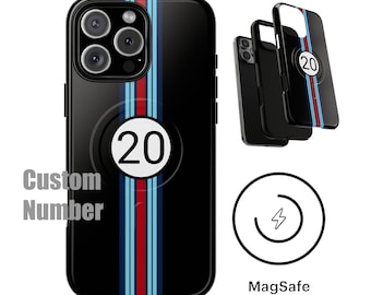 Martini Racing MagSafe-hoesje iPhone 17 16 15 14 Pro Max Plus Air Le Mans Vintage Racing Dad cadeau strepen magnetisch aangepast nummer