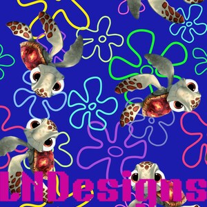 May include: A repeating pattern on a deep blue background featuring cartoon sea turtles with large brown eyes and reddish-brown shells, interspersed with colorful outlined flower shapes in yellow, green, and pink. The text LNDesigns is in pink.