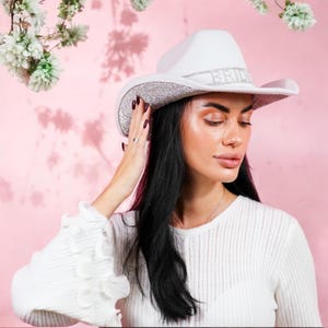 MTaM More Than a Mood Rhinestone Bride Cowboy Hat, Bachelorette Party Hat, White Cowgirl Wedding Bridal Shower Decoration, Bride to Be Gift