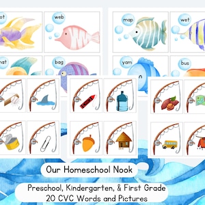 May include: A set of 20 colorful flashcards featuring CVC words and pictures. The cards are designed for preschool, kindergarten, and first grade students. The words include "pot", "web", "map", "wet", "hat", "bag", "yam", and "bus".