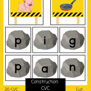 Könnte beinhalten: Konstruktions-CVC-Wortbauaktivität mit Bildern eines Schweins und einer Bratpfanne sowie Buchstabenkacheln mit den Buchstaben p, i, g, p, a und n.  20 CVC-Wörter.  Ausschneiden, laminieren und lernen!
