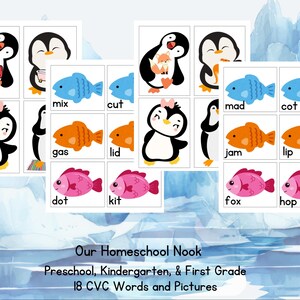 Könnte beinhalten: Lernkarten mit Illustrationen von Pinguinen und bunten Fischen. Jede Karte zeigt ein CVC-Wort wie "mix" oder "cut". Das Set ist für das Lernen im Vorschulalter, in der Grundschule und in der ersten Klasse konzipiert. Der Text "Our Homeschool Nook" ist ebenfalls sichtbar.