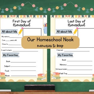 Könnte beinhalten: Zwei druckbare Arbeitsblätter für den ersten und letzten Tag des Homeschoolings. Die Arbeitsblätter haben Abschnitte für "Alles über mich", "Meine Favoriten" und "Unsere Homeschool-Ecke Erinnerungen zum Aufbewahren".