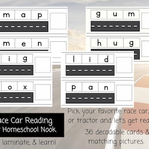 May include: A set of 36 printable race car reading cards featuring words like "map", "gum", "dig", "lid", "fox", and "pan". The cards are designed for children learning to read and feature a race car theme.