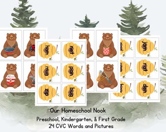 Puede incluir: Un conjunto de 24 tarjetas de memoria imprimibles con palabras CVC e imágenes. Cada tarjeta tiene un oso de dibujos animados y una colmena con una palabra CVC en su interior. Las palabras incluyen: ham, net, mug, pan, zip, bug, jam, rat, den.