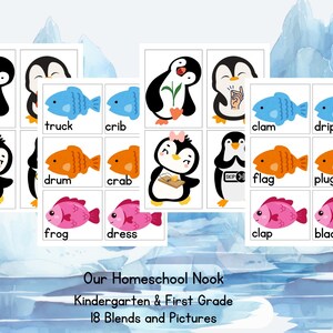 Könnte beinhalten: Ein Satz von 18 druckbaren Lernkarten mit Illustrationen von Pinguinen und Fischen mit Wörtern wie "LKW", "Krippe", "Muschel", "Tropfen", "Trommel", "Krabbe", "Flagge", "Stecker", "Frosch", "Kleid", "Klatschen" und "Schwarz". Diese Lernkarten sind für Kindergarten- und Grundschüler konzipiert, um Blends und Bildassoziationen zu lernen.